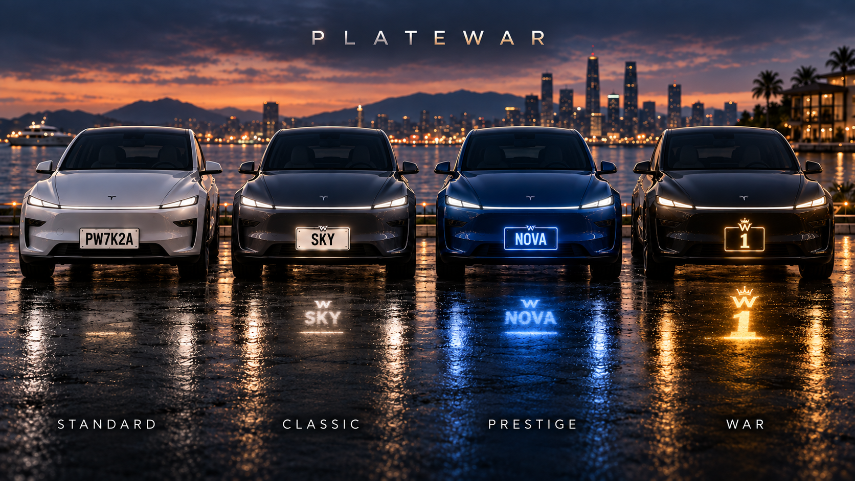 Four tiers of PlateWar plates on cars